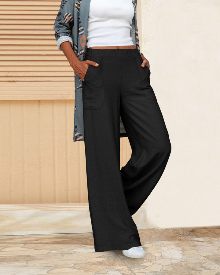 Close-up of the comfortable high waist and straight leg fit of women's casual pants, showcasing quality.