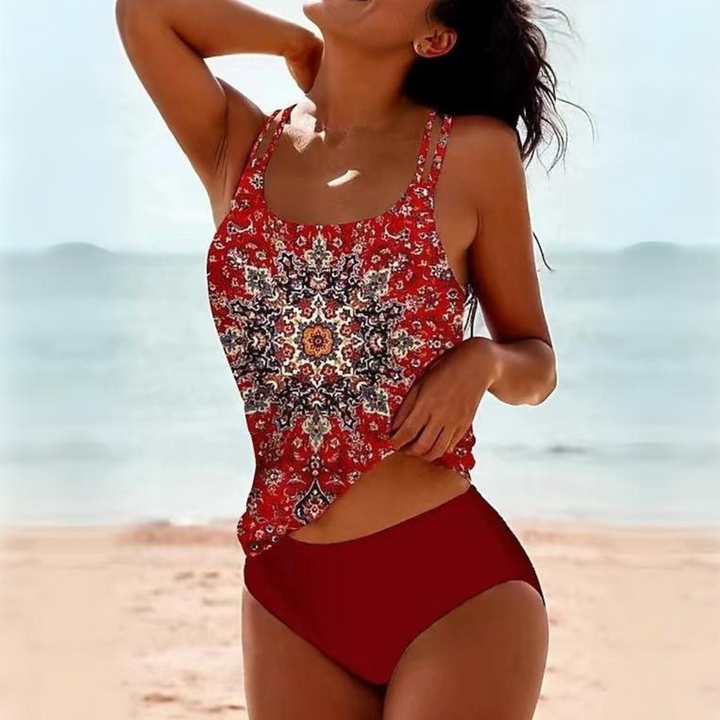 Trendy women's high waist tankini set, ideal resort wear or beach outfit for a stylish summer vacation.