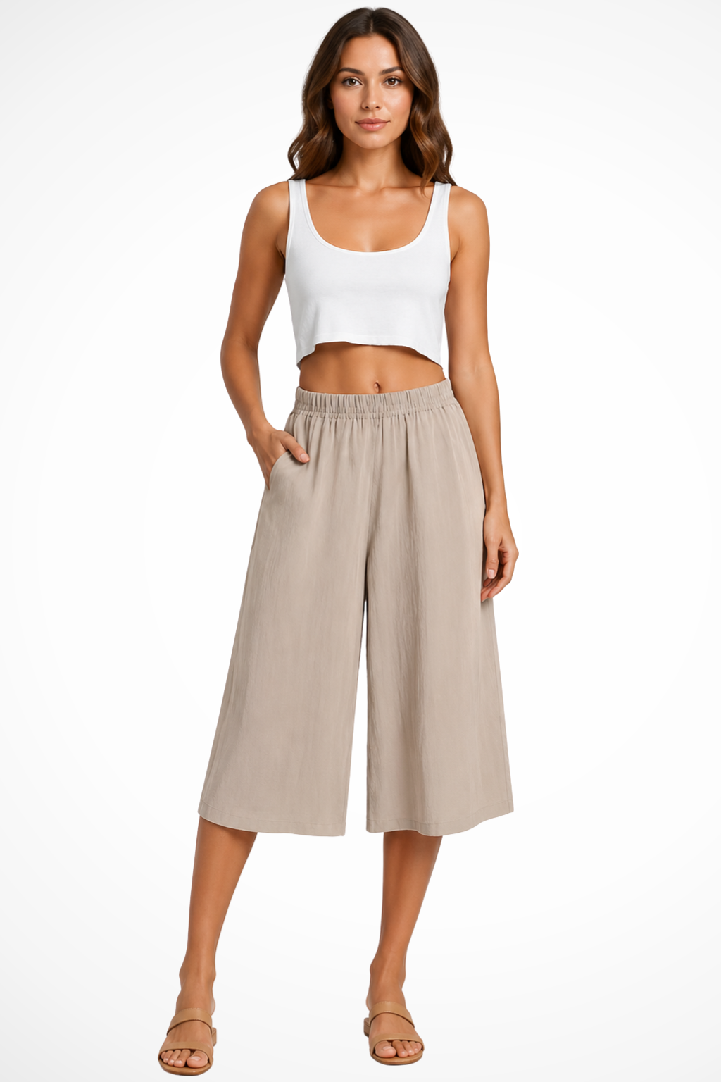 Comfortable women's wide leg cropped trousers, high waist & pockets. Essential for casual summer outfits.