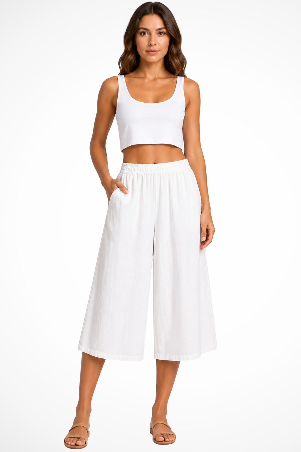 Relaxed women's high waist wide leg cropped trousers with pockets for everyday summer comfort & style.