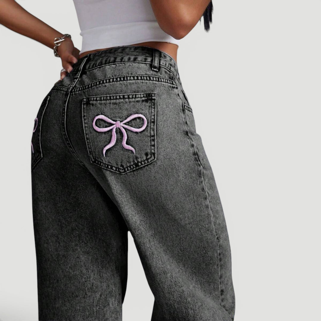 Stylish women's high waist wide leg denim pants, perfect casual wear, bow.