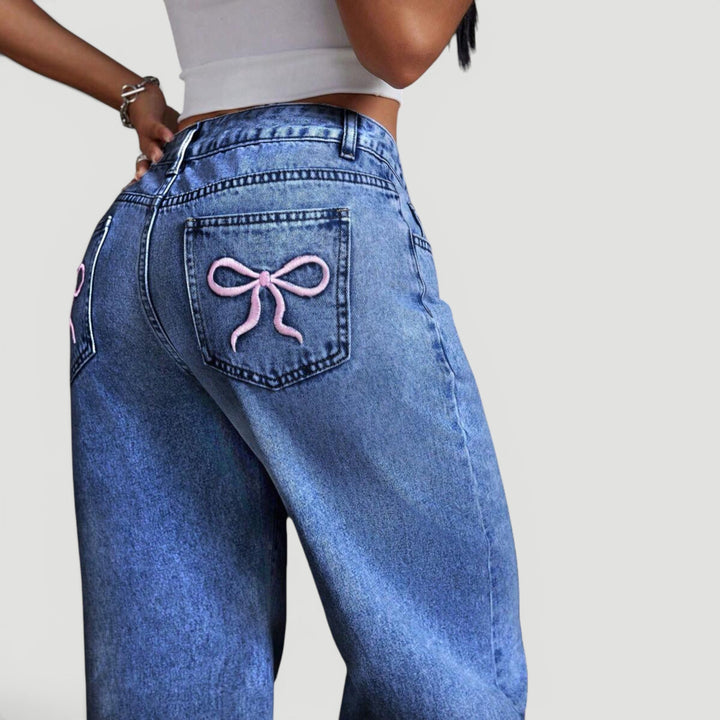 Trendy high waist wide leg denim trousers, women's casual fashion, bow.
