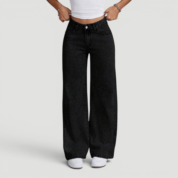 Women's denim wide leg trousers, comfortable high waist & pretty bow.