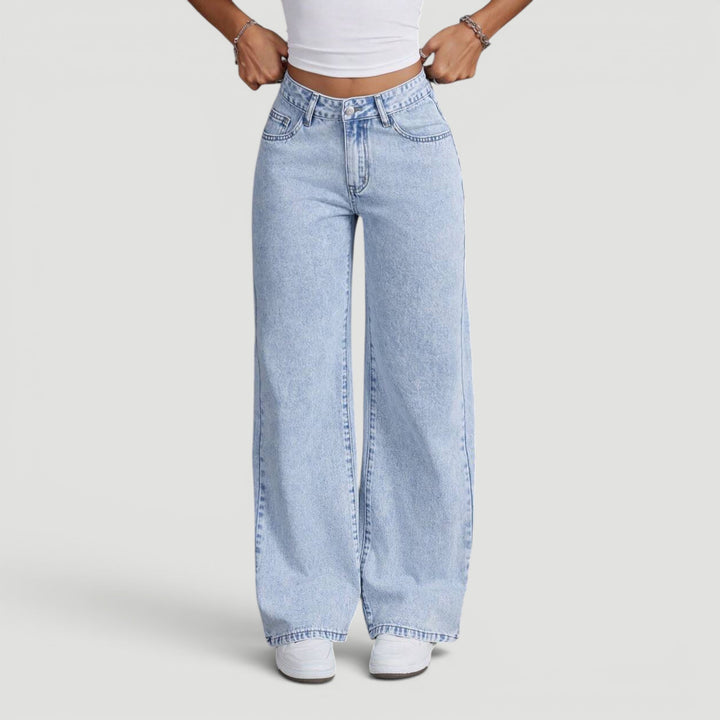 Versatile women's high waist wide leg jeans, chic bow accessory.