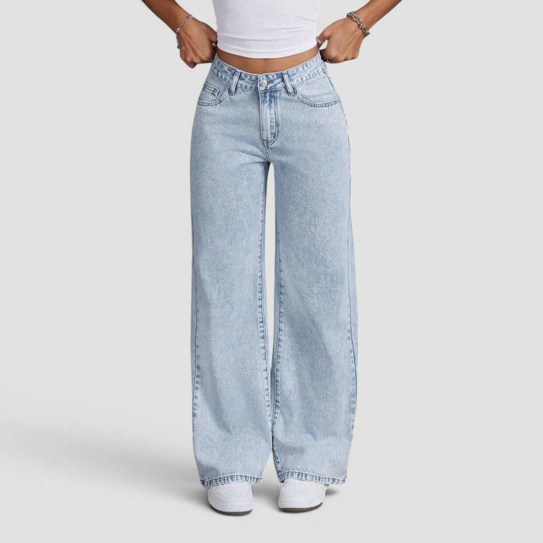 Everyday women's high waist wide leg denim trousers, charming bow accent.