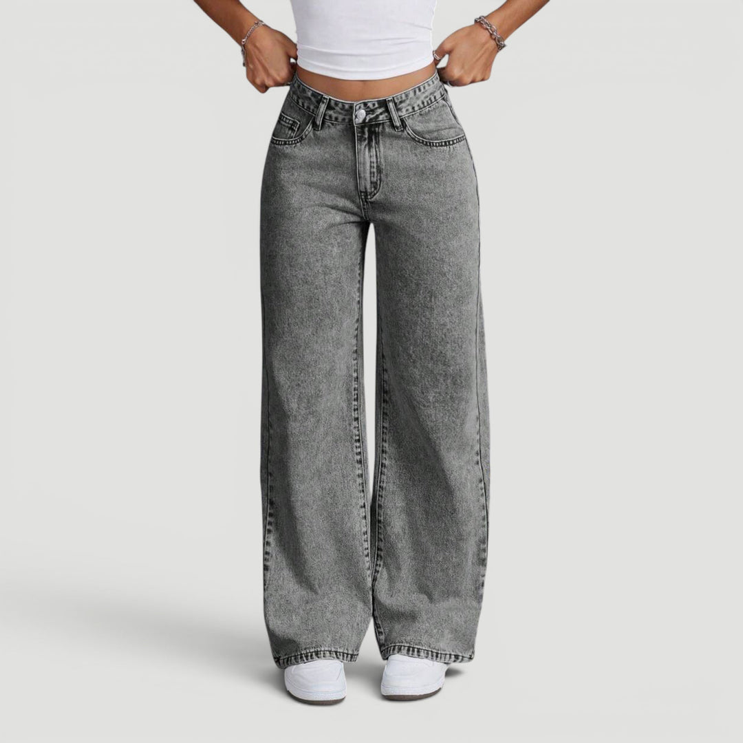 Sophisticated women's high waist wide leg denim, bow detail for style.