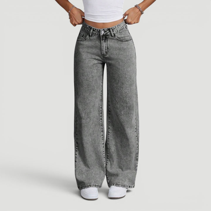 Sophisticated women's high waist wide leg denim, bow detail for style.