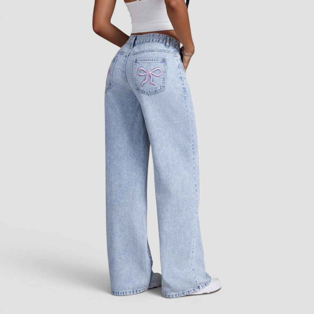 Comfortable wide leg denim jeans for women, high waist & stylish bow.