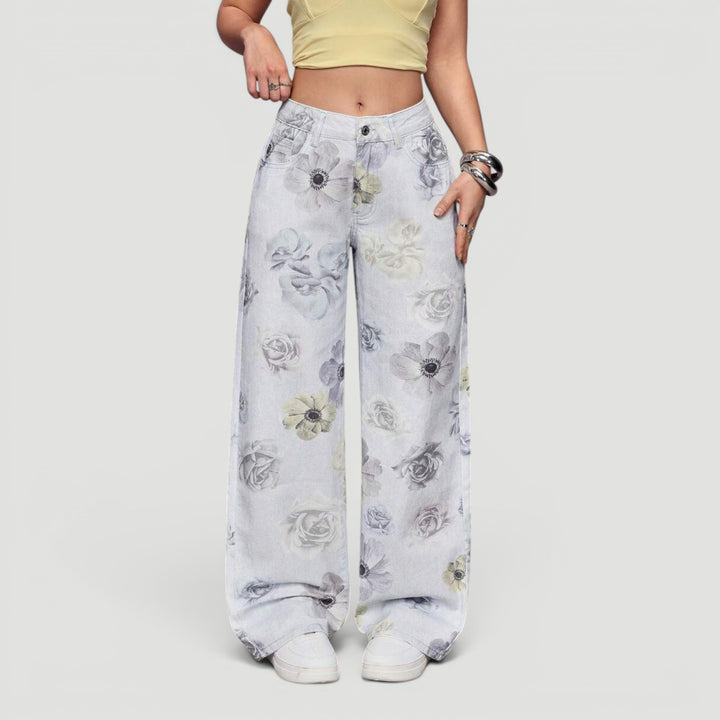 Durable women's high waist wide leg denim trousers, fashionable bow.