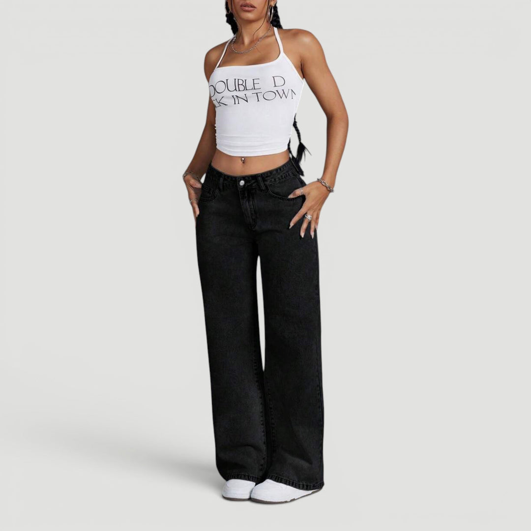 Women's comfortable high waist wide leg denim jeans, bow detail.