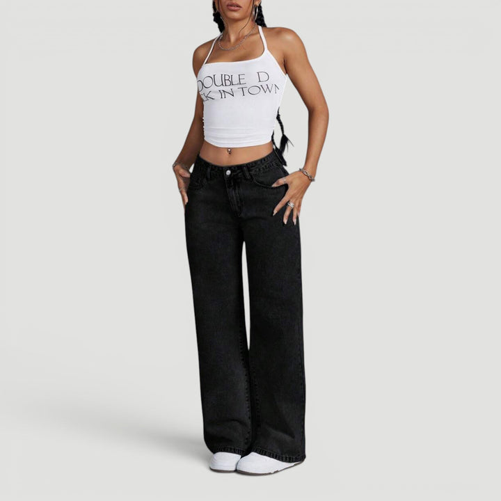 Women's comfortable high waist wide leg denim jeans, bow detail.