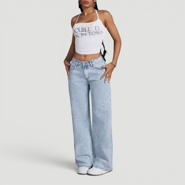 Smart casual women's high waist wide leg denim, elegant bow.