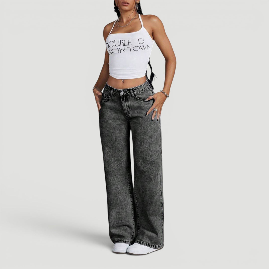 Women's high rise wide leg denim jeans, comfortable, stylish bow tie.