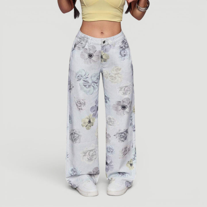 Modern women's high waist wide leg denim pants, attractive bow detail.