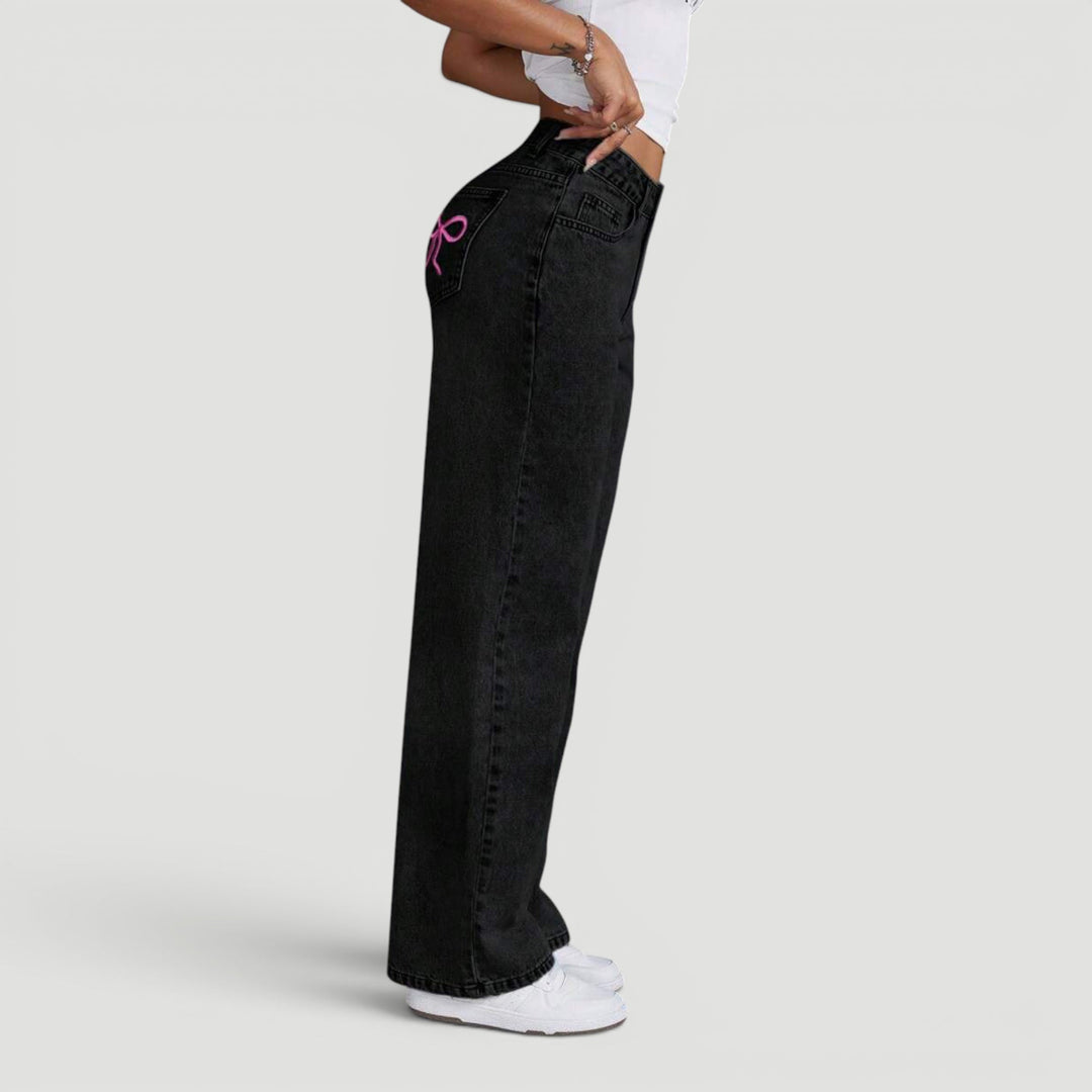 Comfortable high waist wide leg women's jeans, denim fabric, bow.