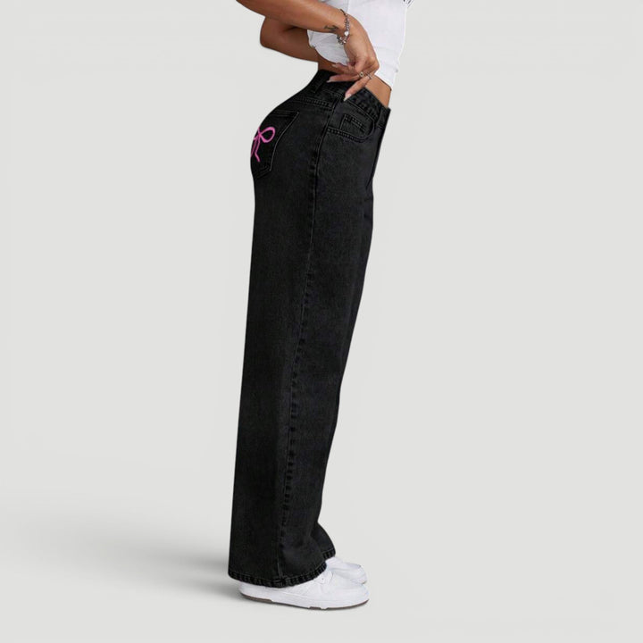 Comfortable high waist wide leg women's jeans, denim fabric, bow.