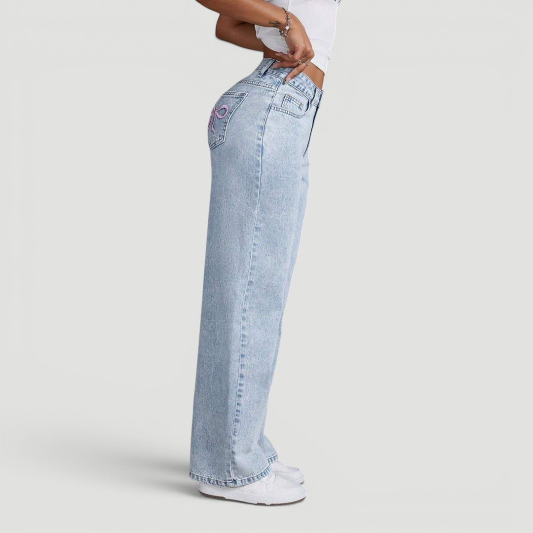 Women's classic wide leg denim trousers, high waist design, elegant bow.