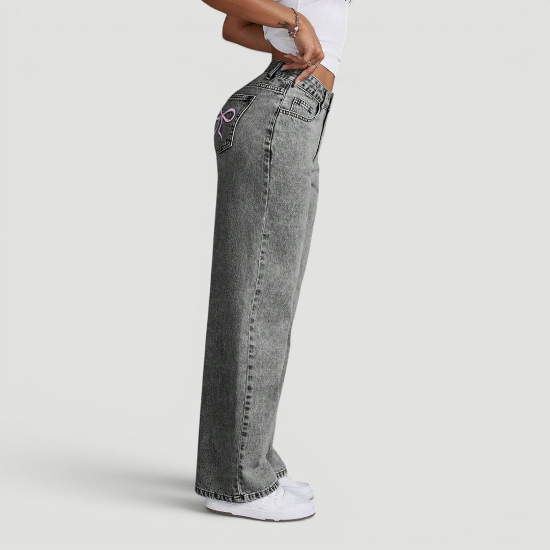 Trendy high waist wide leg denim jeans for women, charming bow.
