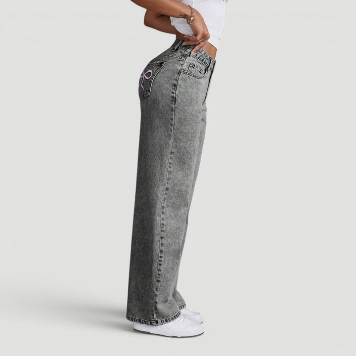 Trendy high waist wide leg denim jeans for women, charming bow.