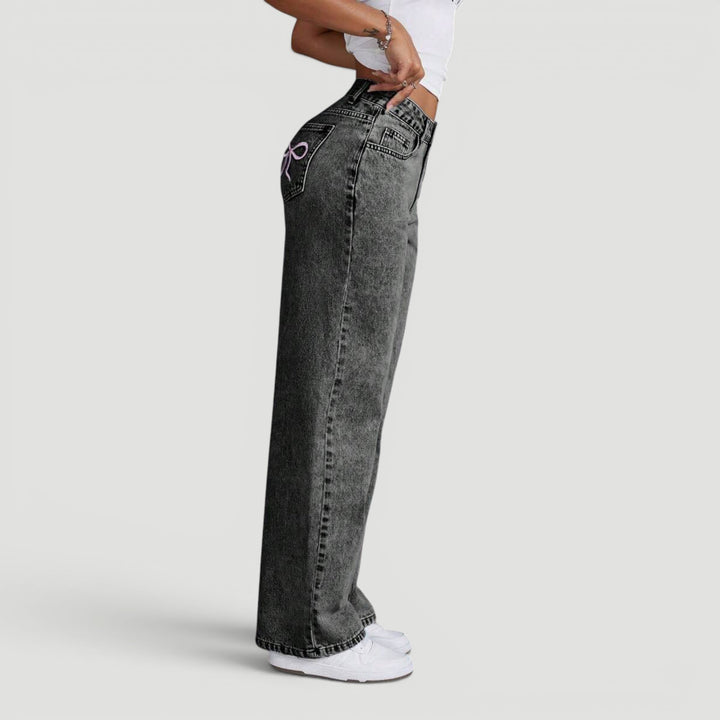 Everyday women's high waist wide leg denim pants, stylish bow detail.