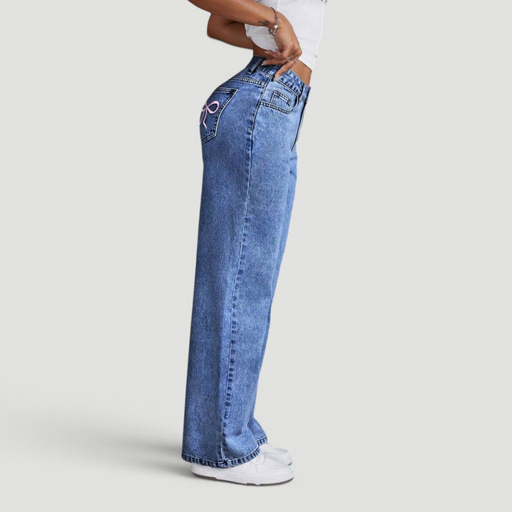Chic women's high waist wide leg denim trousers, a perfect casual look with bow.