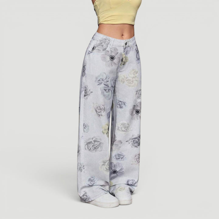 Elegant women's wide leg denim jeans, high waist cut, fashionable bow.
