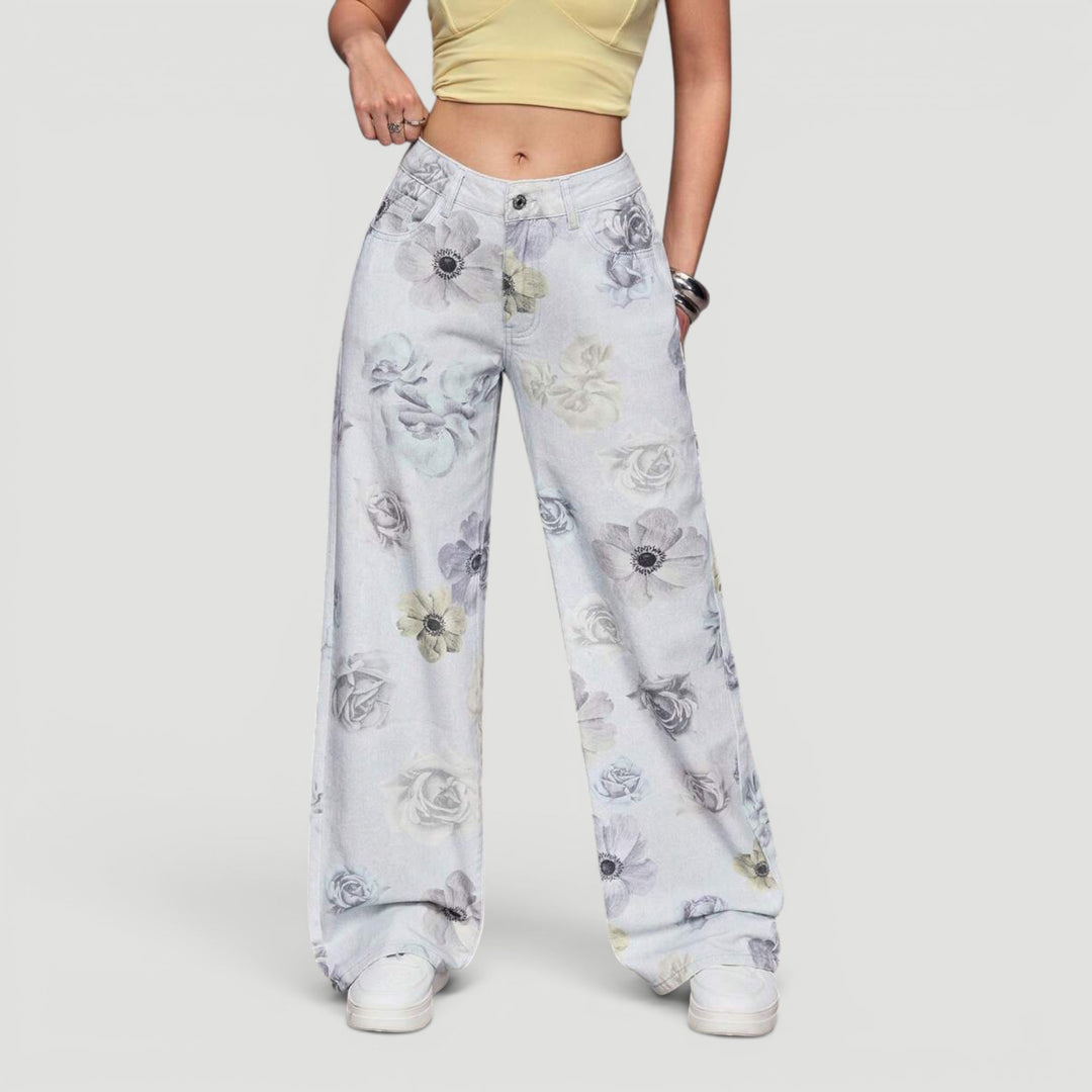 Women's fashion high waist wide leg denim trousers, a unique bow detail.