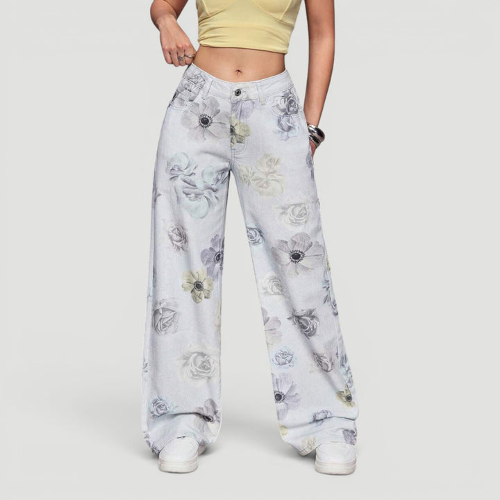 Women's fashion high waist wide leg denim trousers, a unique bow detail.