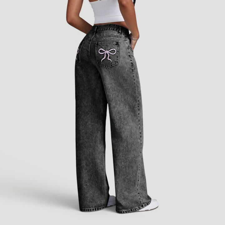 Casual high waist wide leg denim trousers for women, with cute bow.