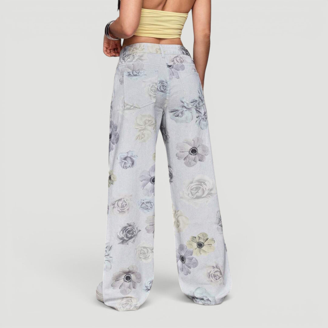 Blue denim wide leg trousers for women, high waist, fashionable bow.