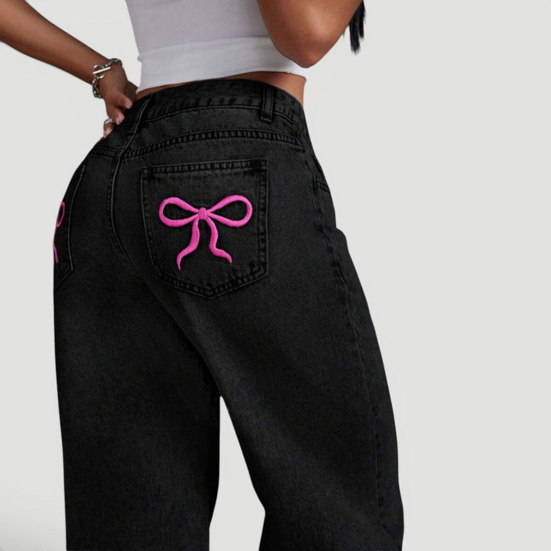 Elegant women's high waist wide leg denim, featuring a charming bow.