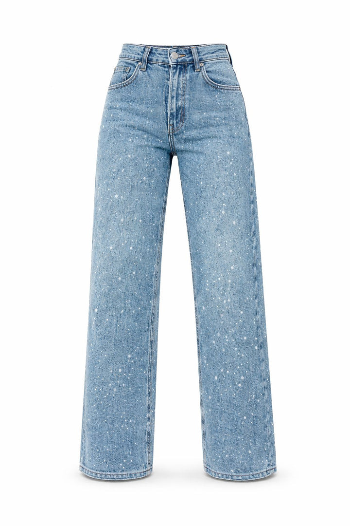 Fashion-forward women's high-waist wide-leg jeans, featuring glitter denim for a chic evening look.