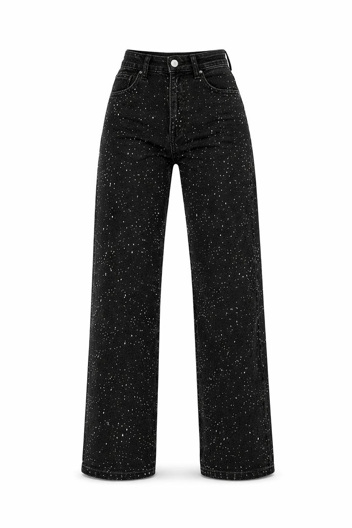 Statement-making high-waist wide-leg glitter denim jeans for women. Elevate your party wear style.