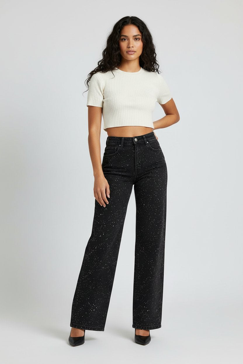 Sparkle denim wide-leg jeans for women, featuring a flattering high-waist design. Trendy bottoms.