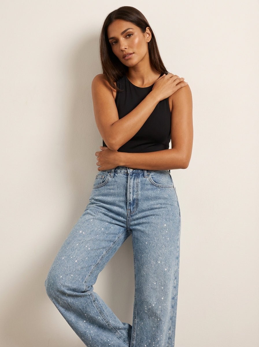 Dazzling women's high-waist wide-leg jeans in glitter denim, making a stylish statement.