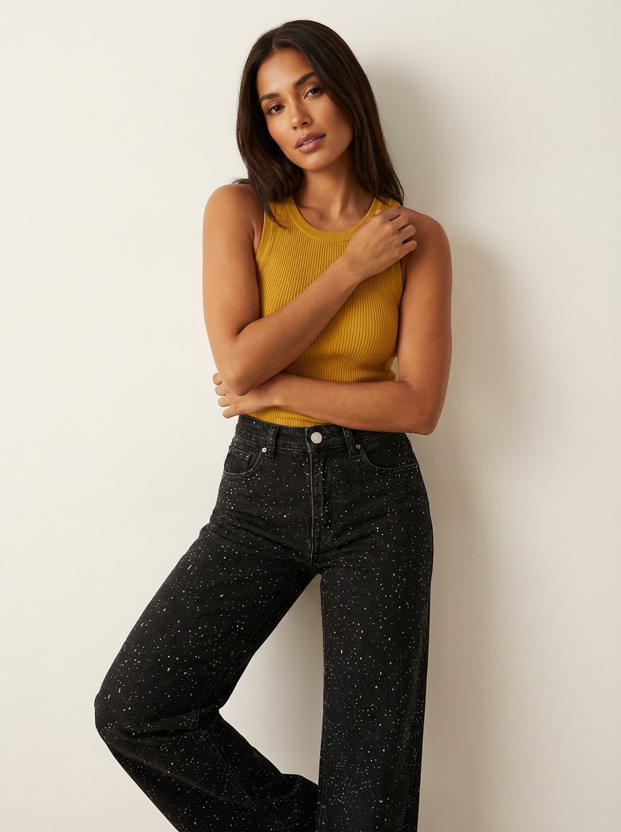 Elegant high-waist wide-leg glitter jeans for women, perfect for evening events & stylish parties.