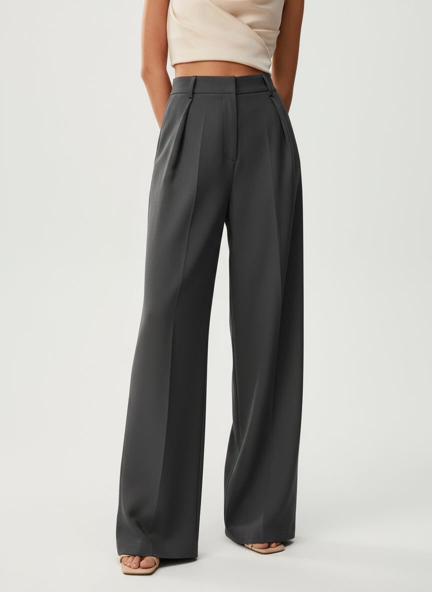 Professional women's high waist wide leg tailored trousers, suitable for a polished office look.