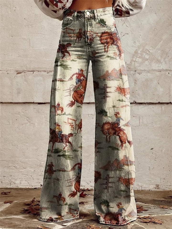 Unique women's high-waist wide-leg trousers featuring a stylish Western print, a true fashion statement.