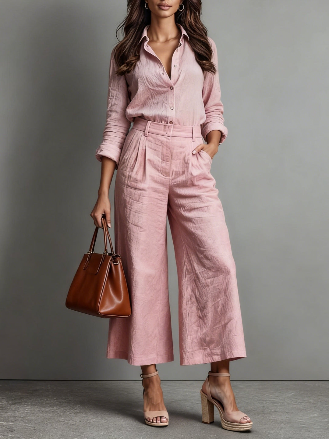 Women's high-waist wide-leg two-piece co-ord set, perfect for casual elegant style & summer travel. Matching top & pants.