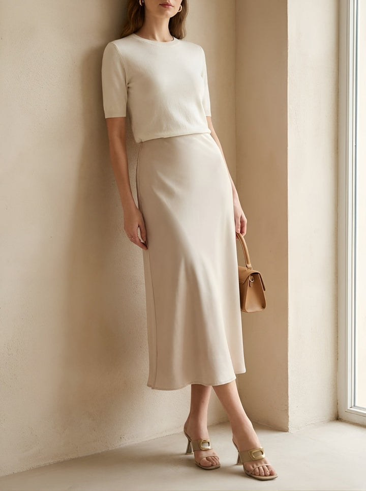 Versatile women's high-waisted A-line midi skirt, perfect for office, casual, spring & summer.