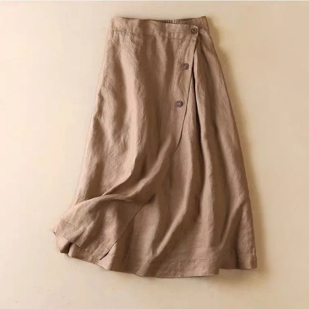 Versatile women's A-line midi skirt, high-waisted design, chic side buttons. Perfect for smart casual spring/summer.
