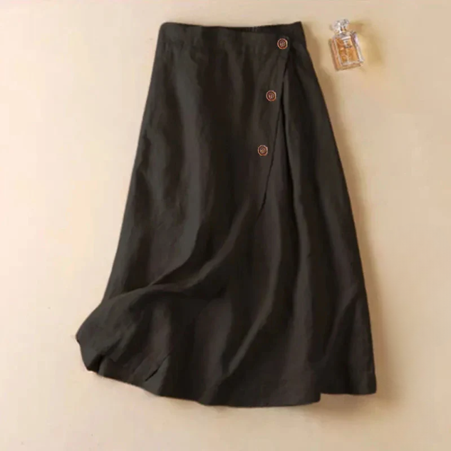 High-waisted A-line midi skirt for women, featuring decorative side buttons. Modest and flattering fit.