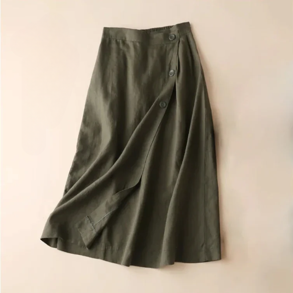 Elegant women's midi skirt, high-waisted A-line cut with unique side button detail. Great for everyday or office.