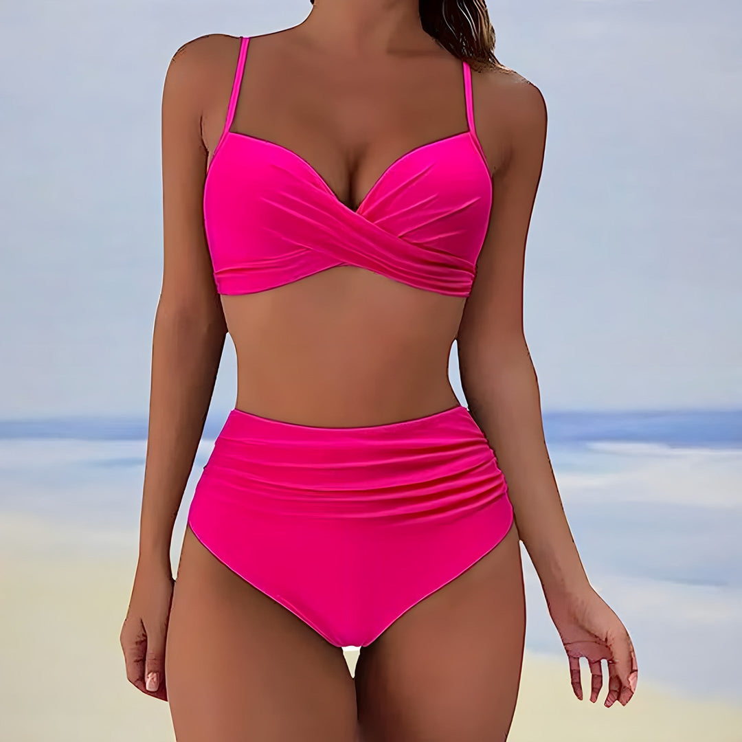 Complete women's high-waisted bikini set featuring a trendy twist front top and comfortable bottoms.