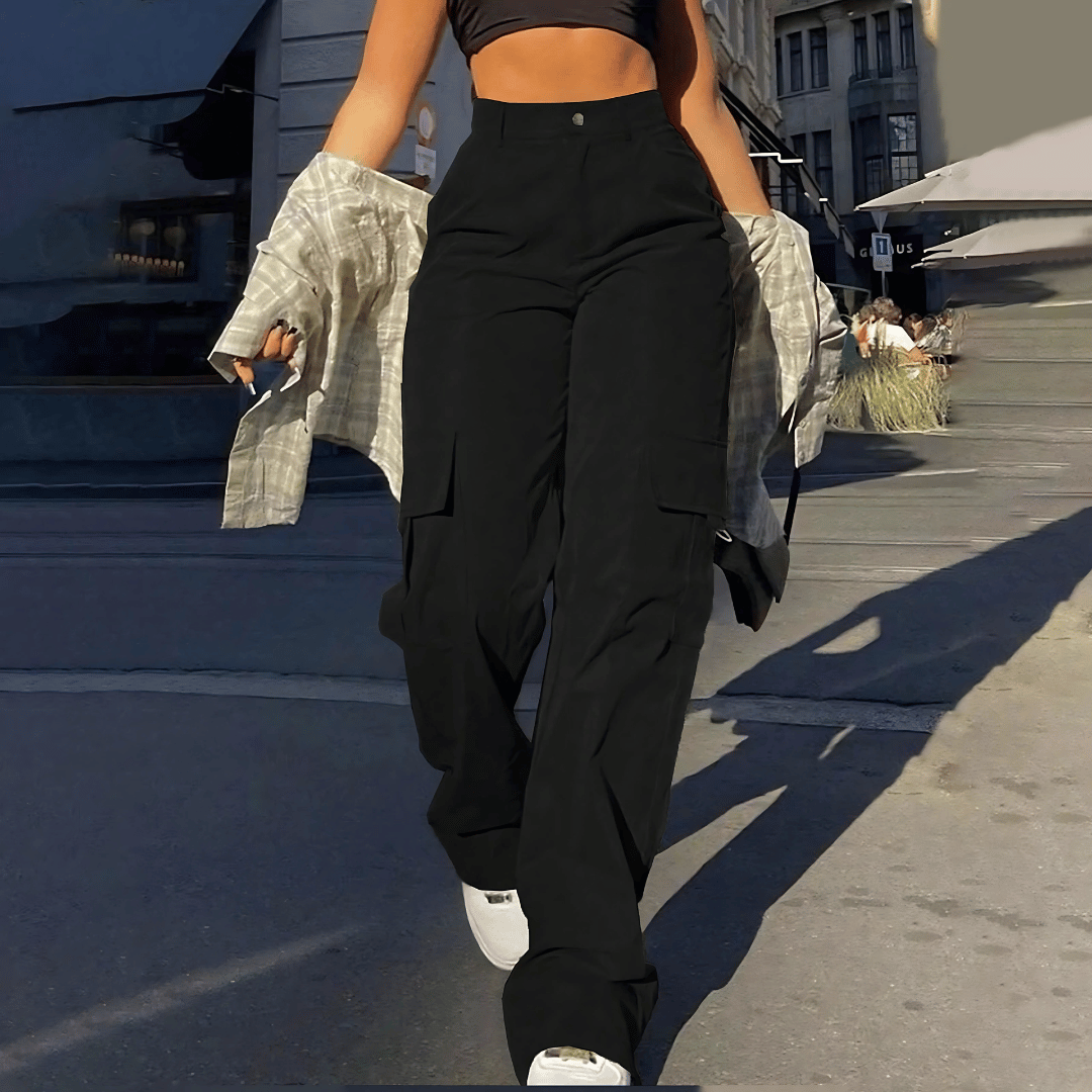 Women's high-waisted cargo pants in a relaxed, straight-leg fit, perfect for casual streetwear & utility comfort.