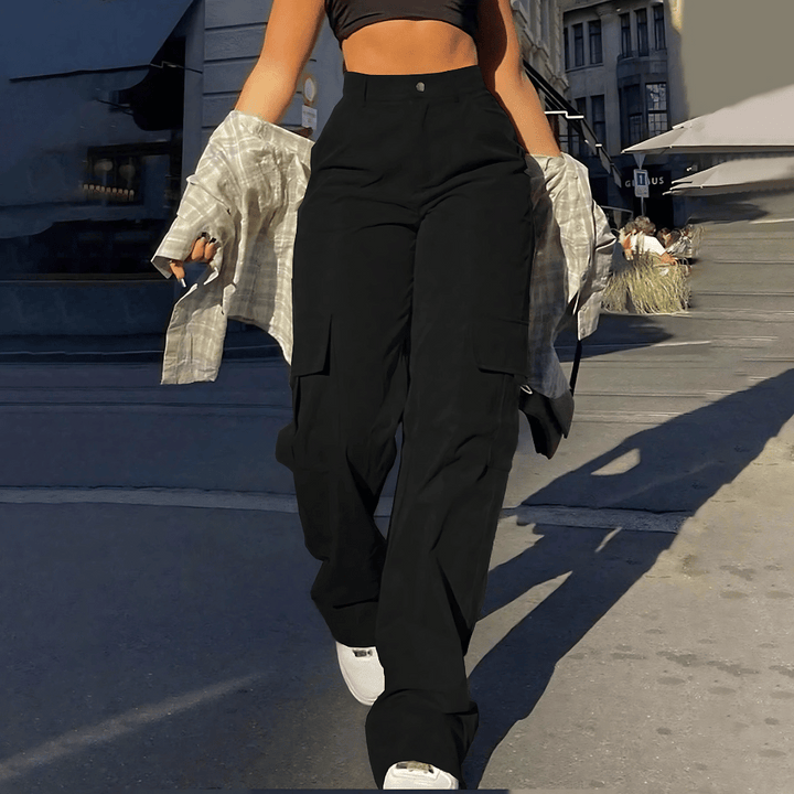 Women's high-waisted cargo pants in a relaxed, straight-leg fit, perfect for casual streetwear & utility comfort.