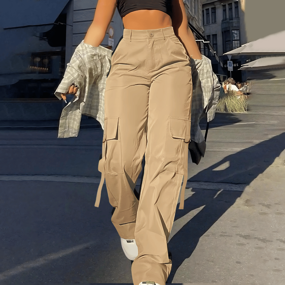 Khaki high-waisted cargo pants for women, offering versatile everyday comfort & summer fashion style.