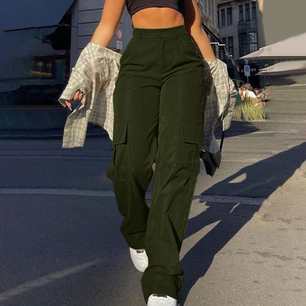 Black women's high-waisted cargo pants with a relaxed fit, ideal for effortless streetwear & casual wear.