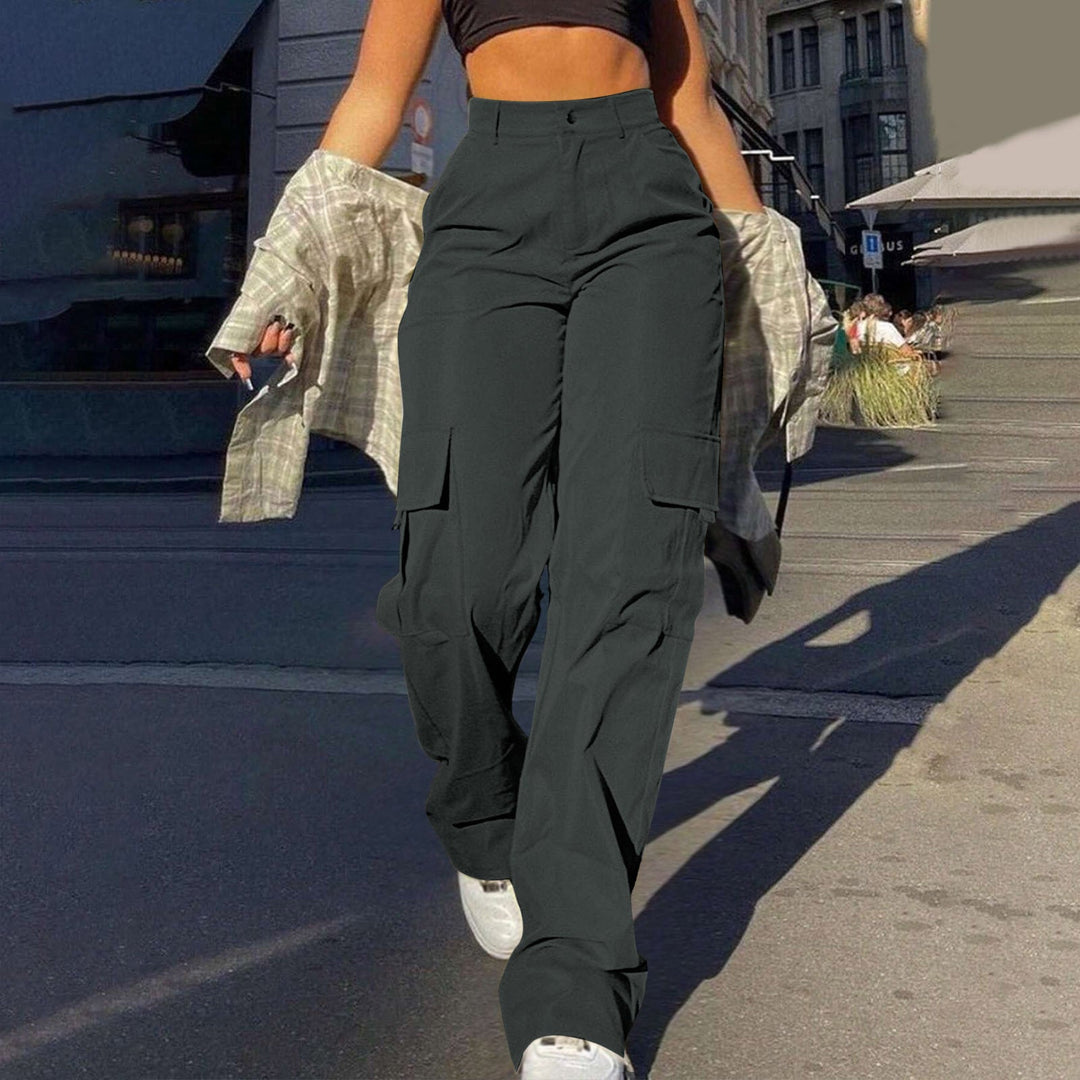 Army green women's utility cargo pants, high-waisted with a straight-leg for comfortable everyday style.
