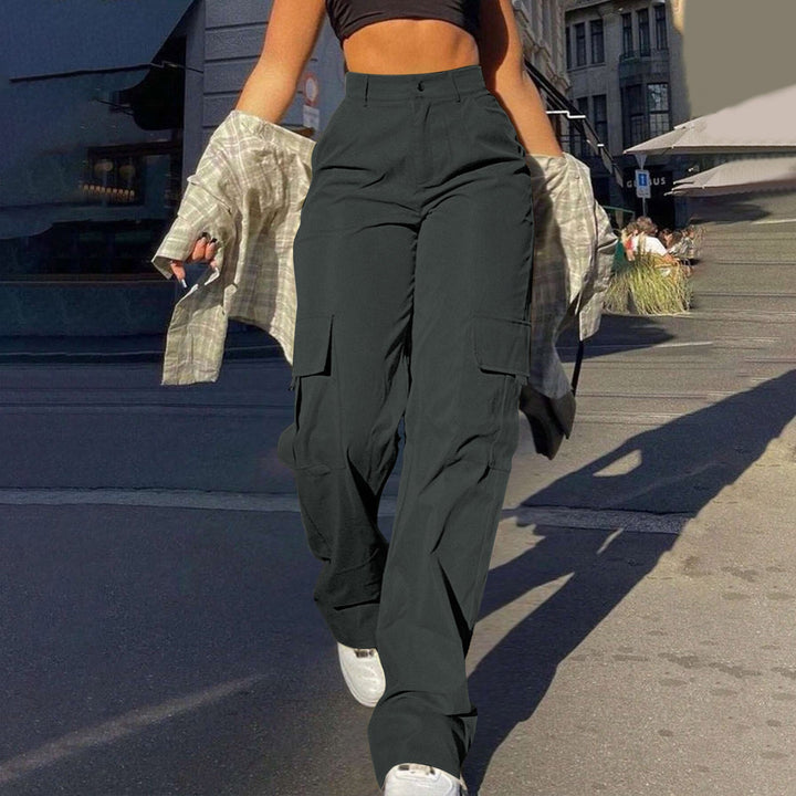 Army green women's utility cargo pants, high-waisted with a straight-leg for comfortable everyday style.